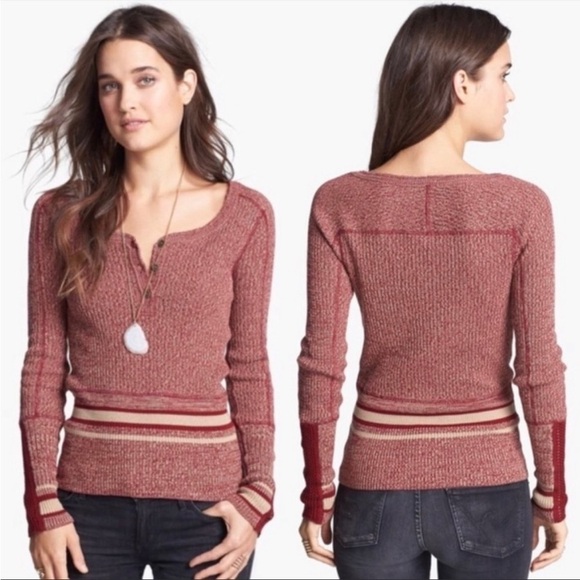Free People Sock Monkey thermal Red knit crochet Henley country prairie western - Picture 1 of 9